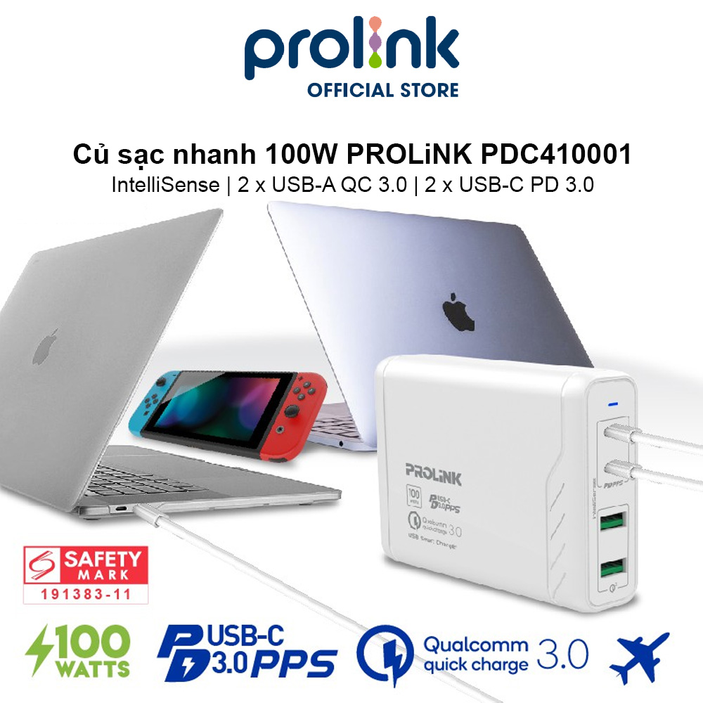 Củ sạc nhanh 100W PROLiNK PDC410001, 4 cổng (2xUSB-A QC 3.0 & 2xUSB-C PD 3.0) IntelliSense, sạc điện thoại, laptop - Hàng chính hãng