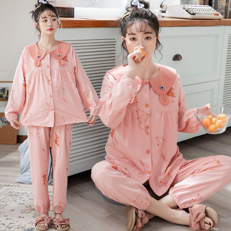 Bộ đồ SAU SINH dài tay chất cotton CỔ BÈO TAI THỎ mềm mát có phần cho con ti BD942