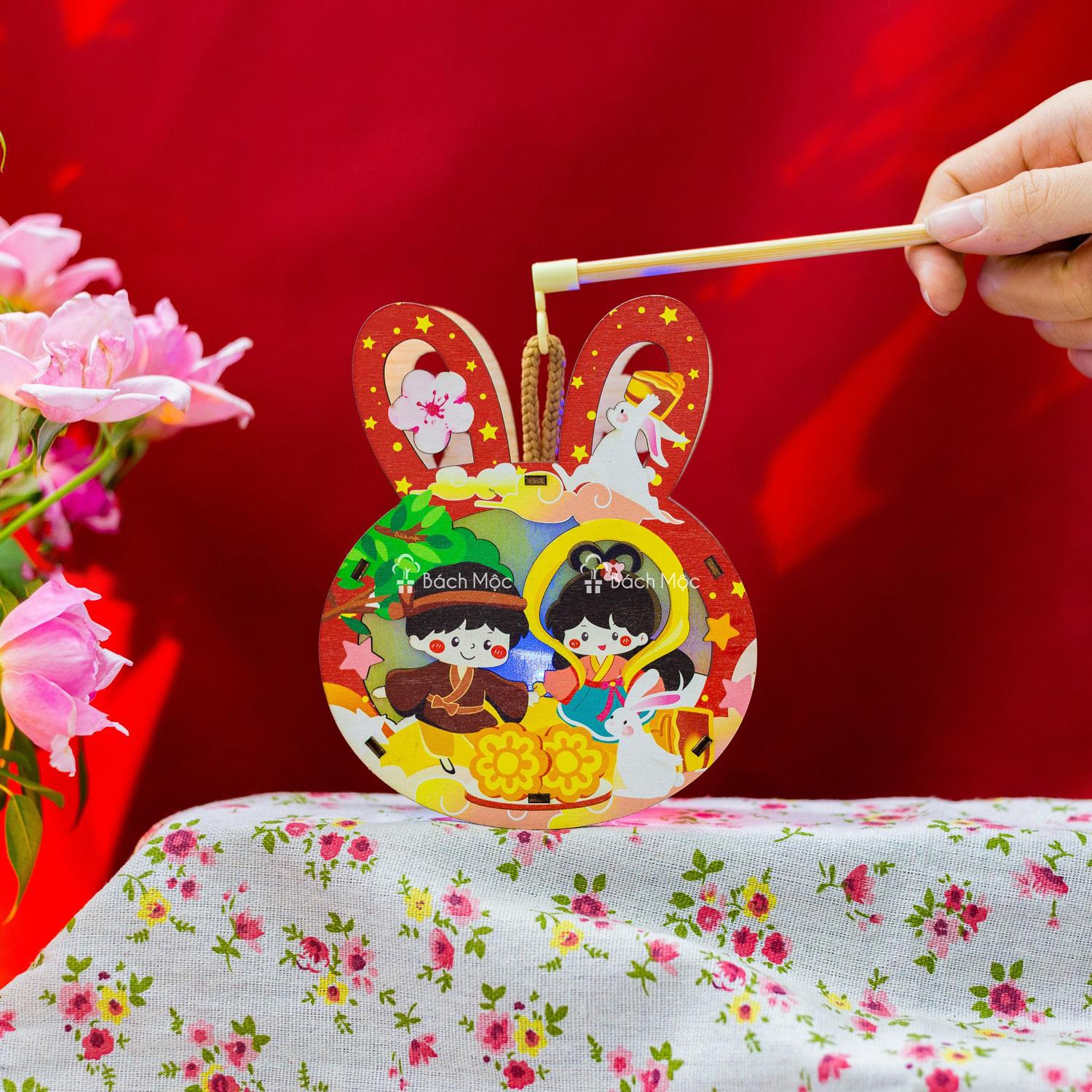 Lồng Đèn Trung Thu Gỗ 2 Mặt Màu - Bách Mộc - Thỏ Bánh