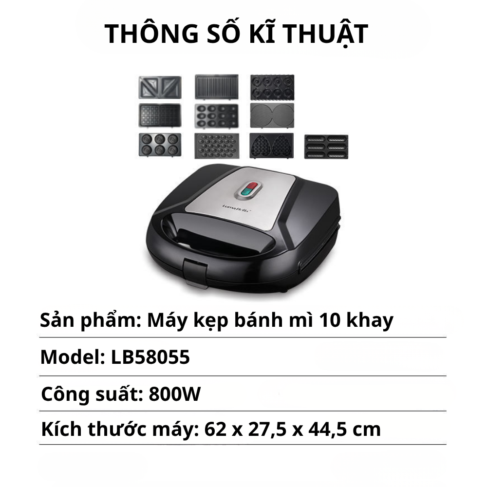 Máy kẹp nướng bánh mì Lumabella LB-58055 đa năng 10IN1, công suất cao 800W, khay nướng chống dính tháo rời, tiện dụng, dễ dùng - DELIYA - HÀNG CHÍNH HÃNG