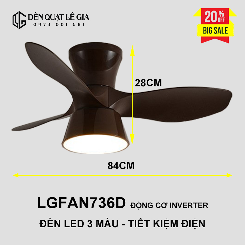 [GIẢM GIÁ SỐC] Quạt Trần Mini Cổ Ngắn LÊ GIA LGFAN736D - Chiều Cao 28cm - Sải Cánh 84cm - Bảo Hành 2 Năm