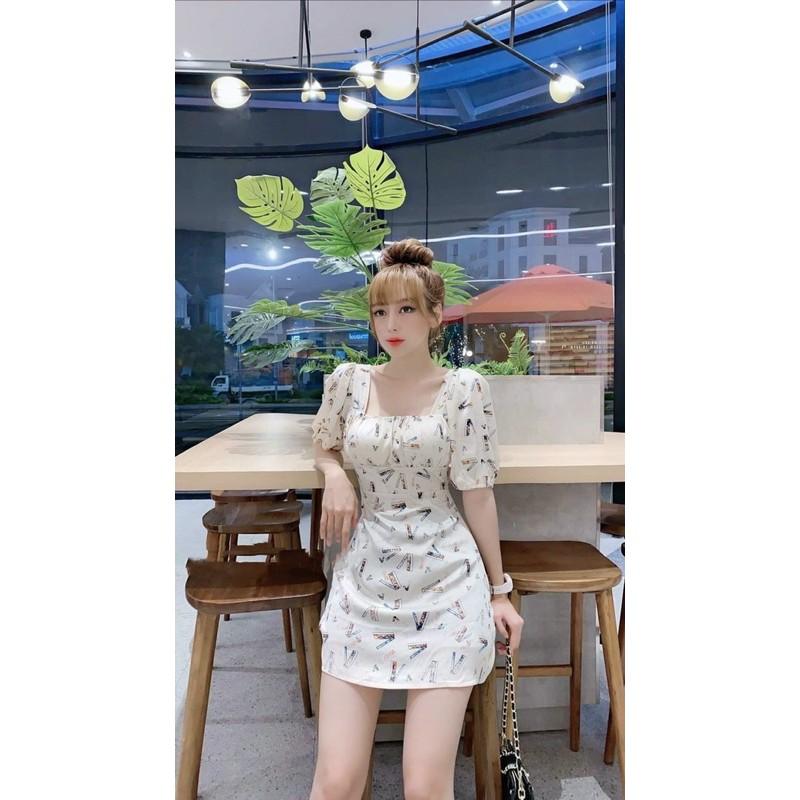 Đầm lụa xoè hoạ tiết cổ vuông kết nơ lung xinh lung linh kèm hình thật