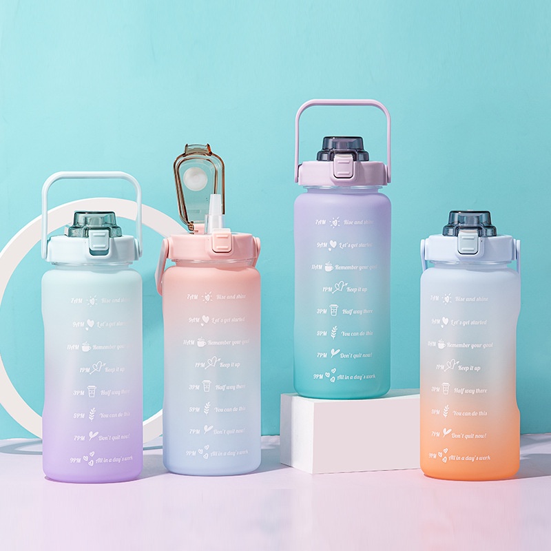 Bình Nước Nhựa 2 Lít Có Chia Vạch Có Ống Hút Nắp Đậy Dễ Thương, Bình Nước Thể Thao