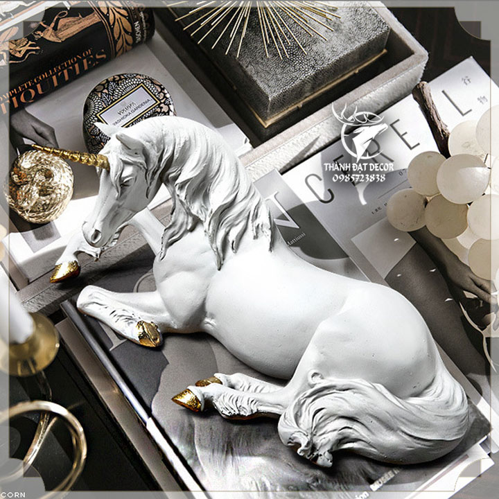 Tượng Ngựa Trắng 1 Sừng, Unicorn Tượng Kỳ Lân Phong Cách Châu Âu Trang Trí Nội Thất, Quà Tặng Tân Gia Khai Trương