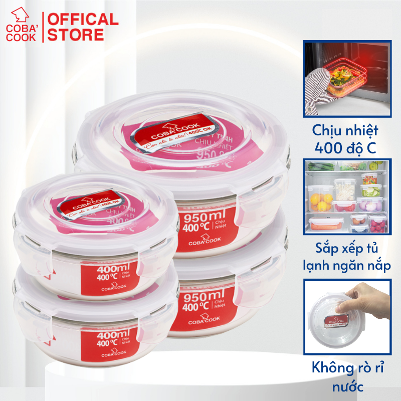 Bộ 4 hộp thủy tinh hình tròn trữ thực phẩm chịu nhiệt 2 hộp 950ml 2 hộp 400ml COBA'COOK