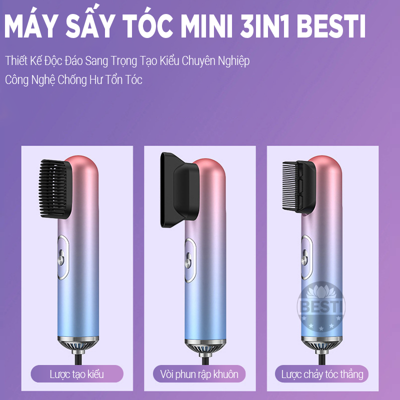 Máy Sấy Tóc Mini 3in1 Besti Công Suất Lớn 1000W, Giảm Tiếng Ồn, An Toàn Khi Sử Dụng, Thiết Kế Độc Đáo Sang Trọng Tạo Kiểu Chuyên Nghiệp Công Nghệ Chống Hư Tổn Tóc - Hàng Chính Hãng