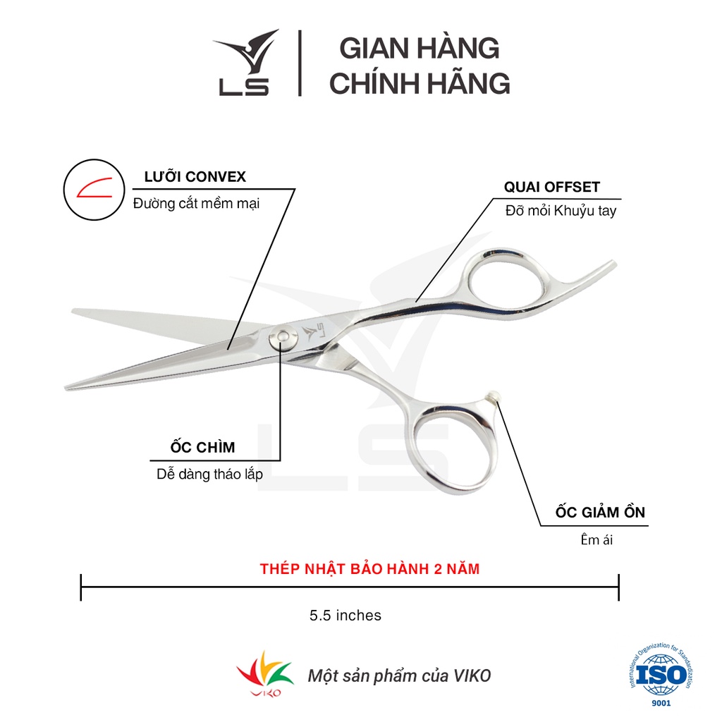 Kéo cắt tóc VLS lưỡi thẳng quai offset vênh đỡ ngón cố định CB23/5.5