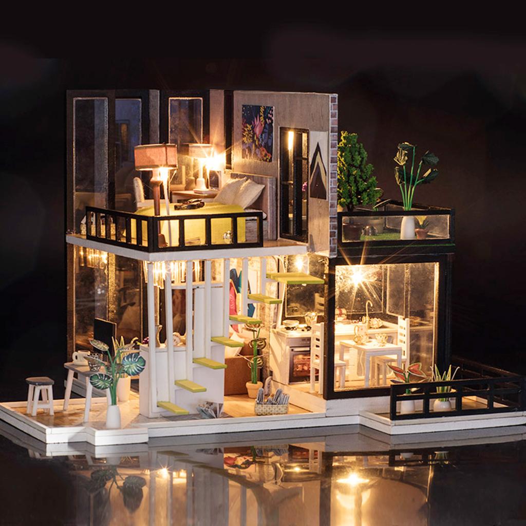 Handcrafts 1/20 Wooden Dollhouse DIY Modern Large House 3D Puzzles Kit Gift