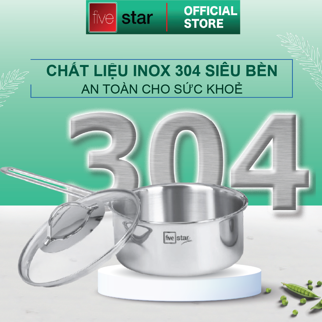 Bộ Nồi Inox 304  bếp từ 3 lớp đáy liền 4 món nắp kính Fivestar tặng 2 muỗng canh