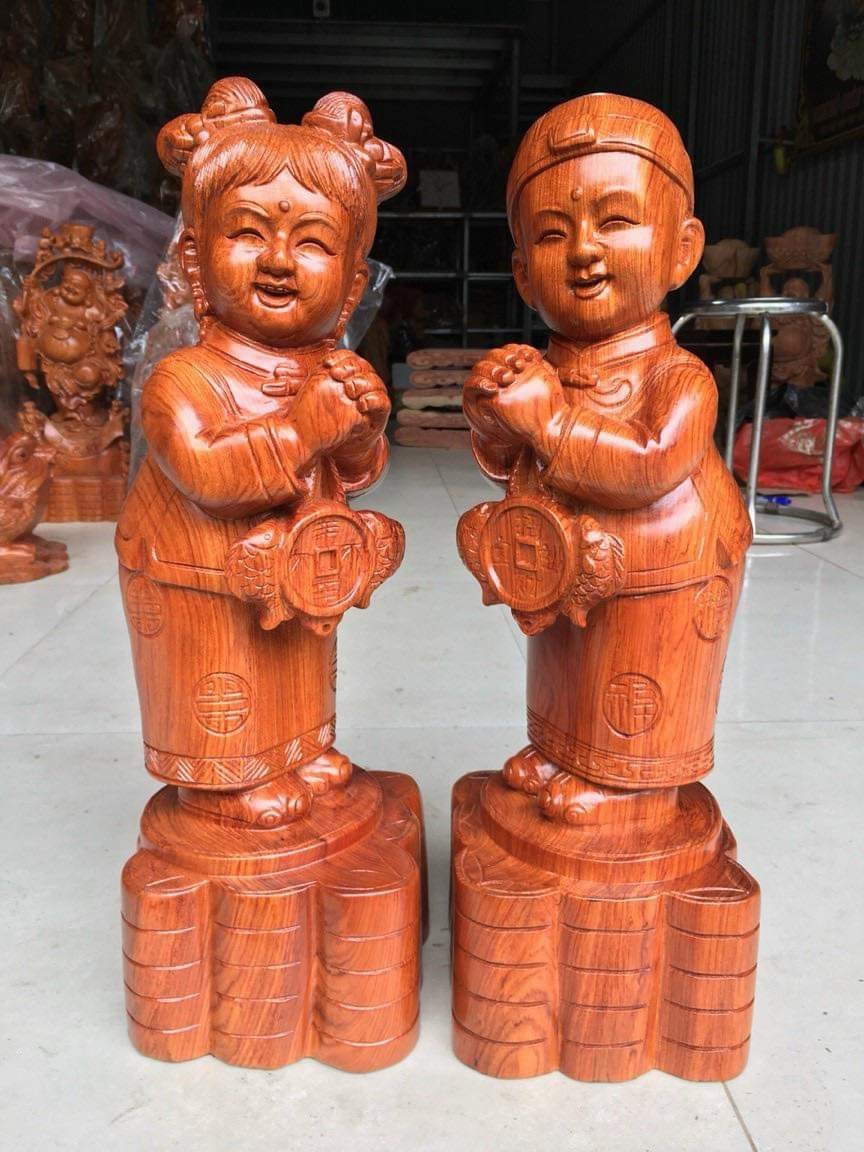Cặp tiểu đồng chúc phúc gỗ hương nguyên khối cao 40cm