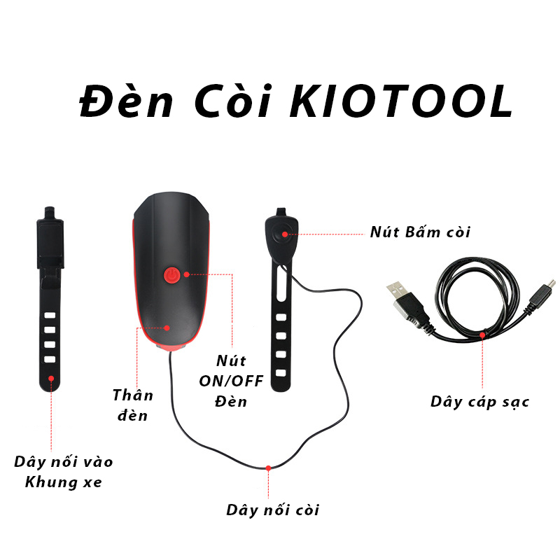 Đèn xe đạp thể thao KIOTOOL siêu sáng có còi pin sạc usb led T6 chống nước - Đèn còi xe đạp có 3 chế độ sáng còi to