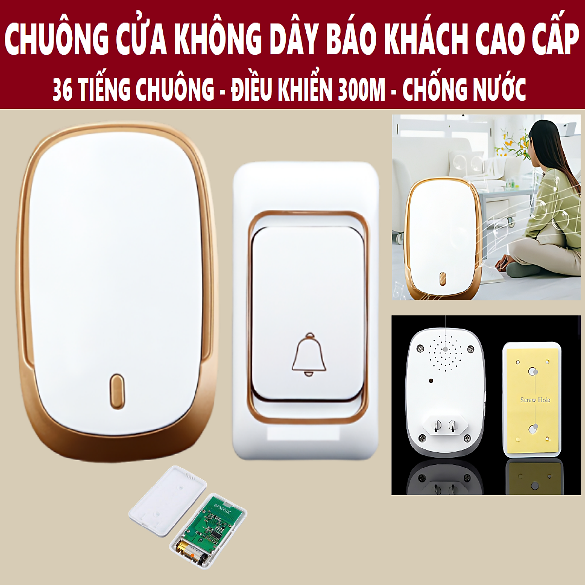 Chuông Cửa Không Dây Thông Minh Báo Khách Điều Khiển Từ Xa 300m Chống Nước Cao Cấp, 36 Tiếng Nhạc Chuông