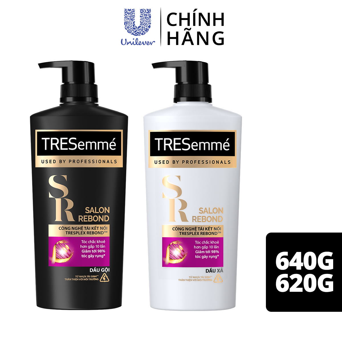 Combo Dầu gội & Dầu xả TRESEMME Salon Rebond dưỡng tóc hư tổn Với Công nghệ Tái kết nối Keratin ngăn gãy rụng đến 98% 640g + 620g