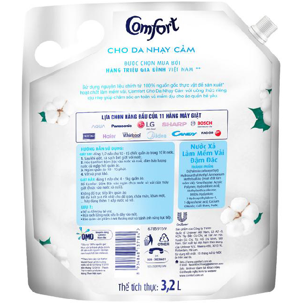 Nước xả làm mềm vải 3.2L Comfort Chăm sóc dịu nhẹ Cho da nhạy cảm, phù hợp với em bé Công thức riêng dịu nhẹ sử dụng nguyên liệu chính từ 100% nguồn gốc thực vật để sản xuất hoạt chất làm mềm vải