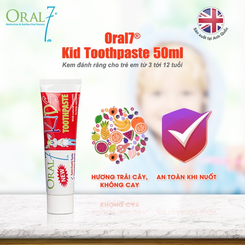 Kem đánh răng trẻ em Oral7 nuốt được, vị trái cây 50ml (cho bé từ 3-12 tuổi)