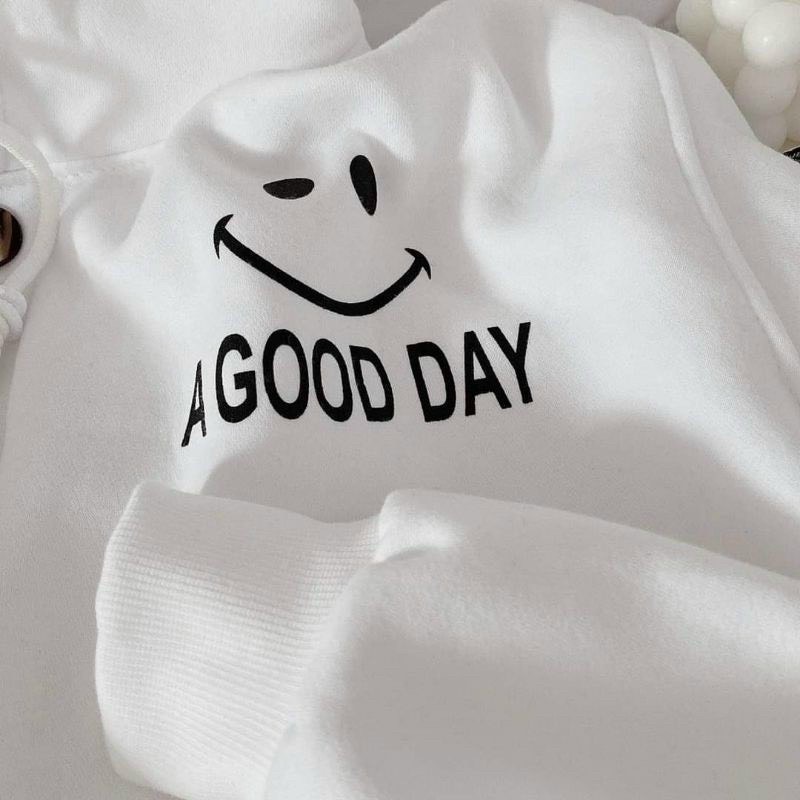 Áo khoác cadigan in  (A good day) Nón 2 lớp ,logo in,nút như hình, phom dưới 70kg