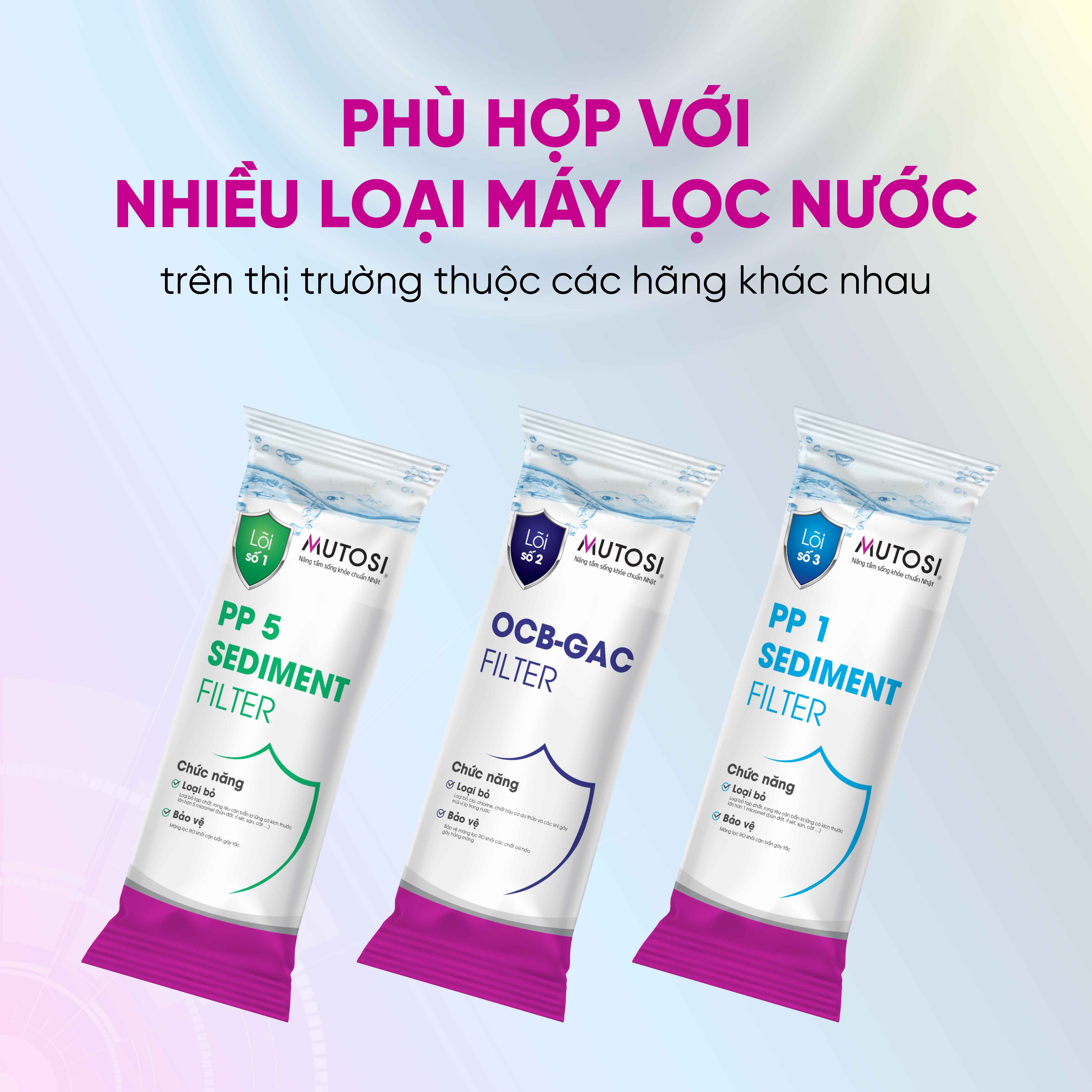 Combo 3 Lõi lọc nước Mutosi 1,2,3 - Lõi lọc thô - Thay được 90% máy lọc nước RO trên thị trường