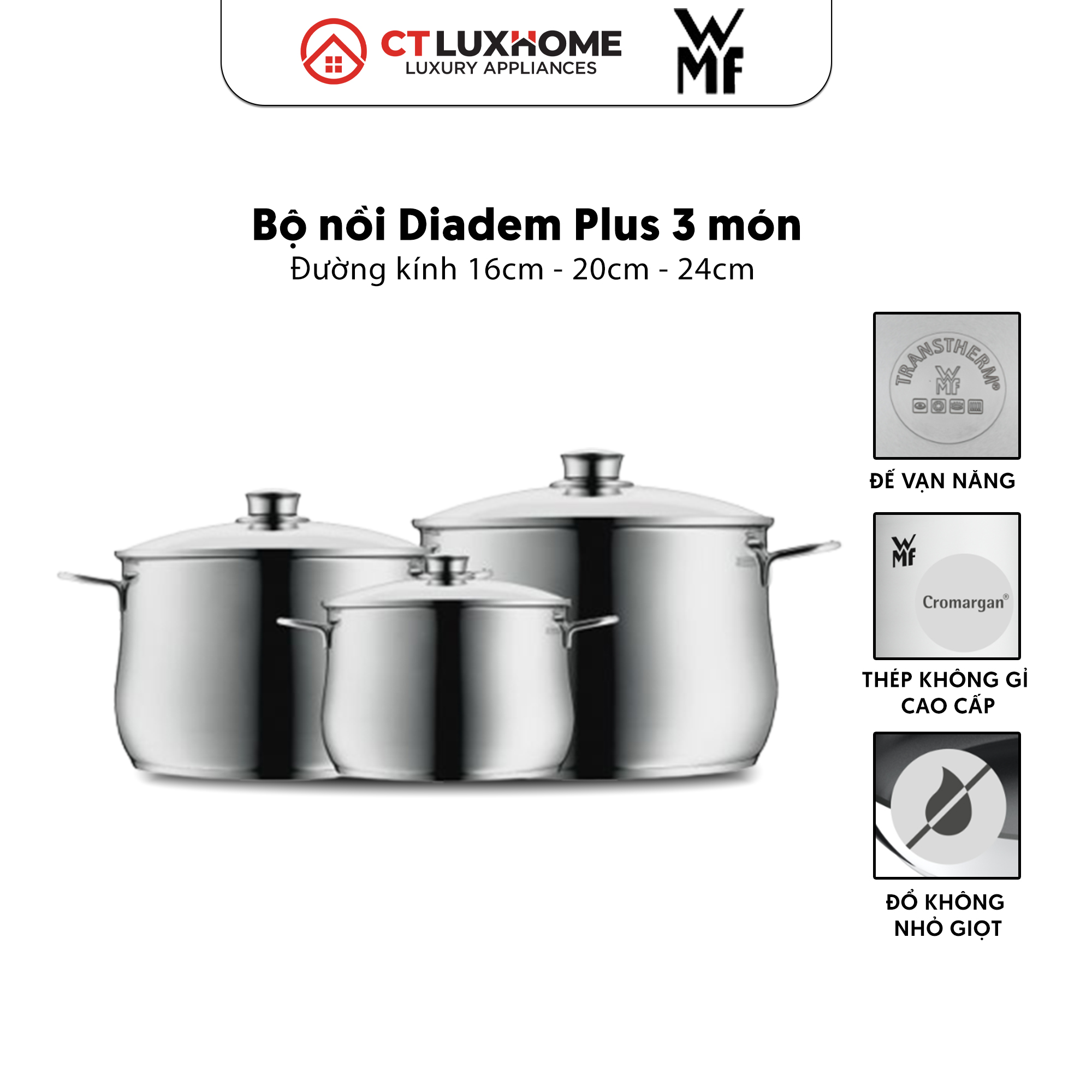 Bộ Nồi DIADEM PLUS 3 Món COOKWARE SET Chất Liệu Thép Không Gỉ Cromargan - 0730036040