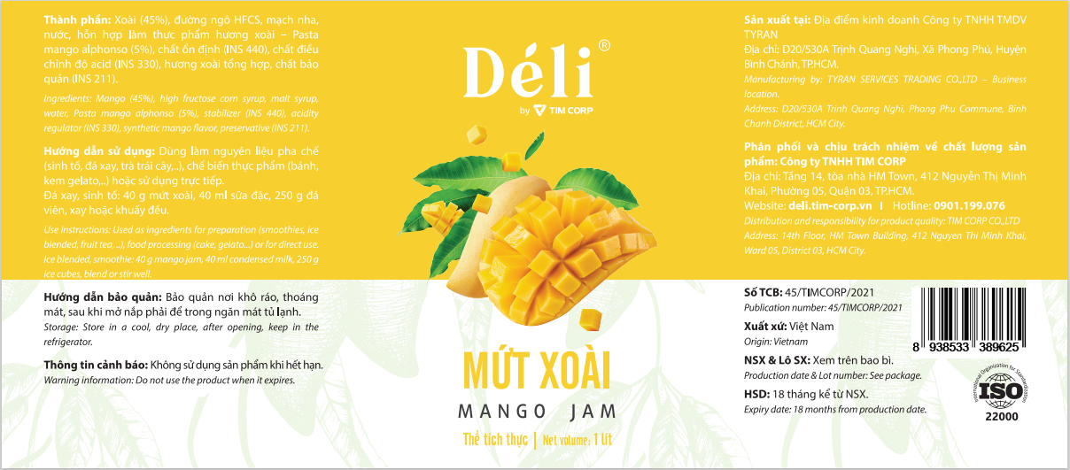 Mứt Xoài Déli chai 1L [CHUYÊN SỈ] HSD:18 tháng, nguyên liệu pha chế trà trái cây, soda,..