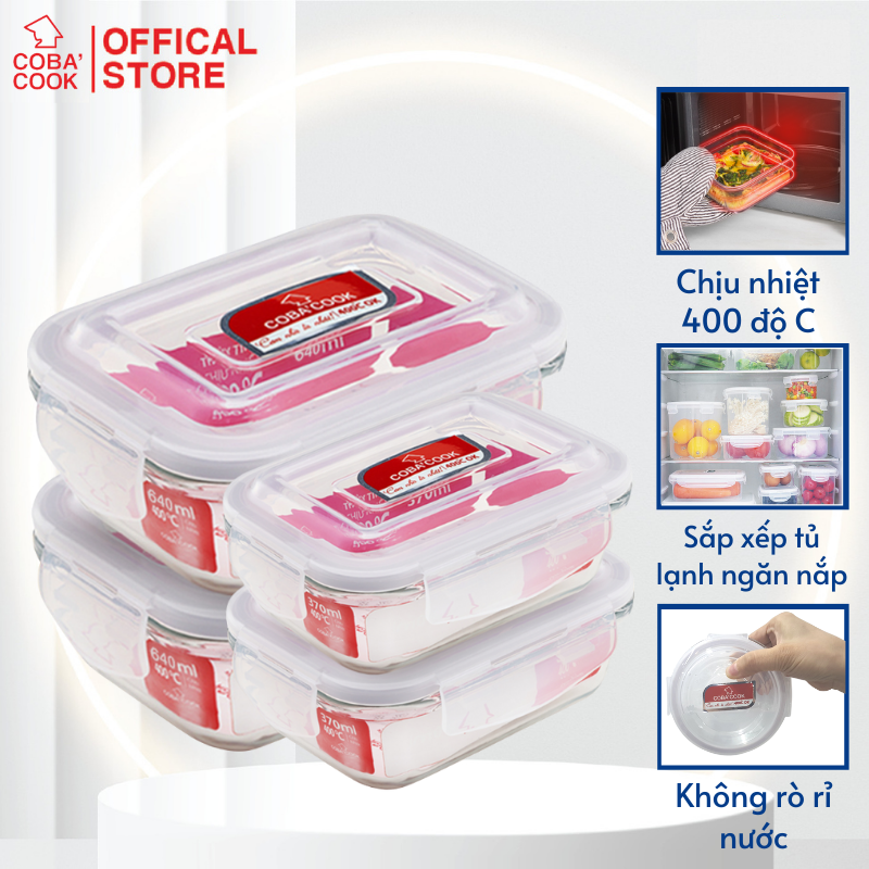 Bộ 4 hộp thủy tinh hình chữ nhật trữ thực phẩm chịu nhiệt 2 hộp 1041ml 2 hộp 370ml COBACOOK-CCL1L34