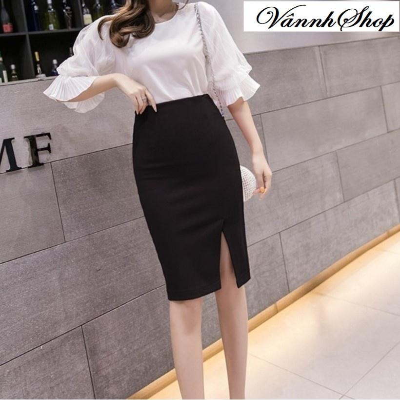 Chân váy bút chì công sở, Dáng ngắn, Màu đen, Dài 53cm Vải kaki thun co giãn thoáng mát New Design