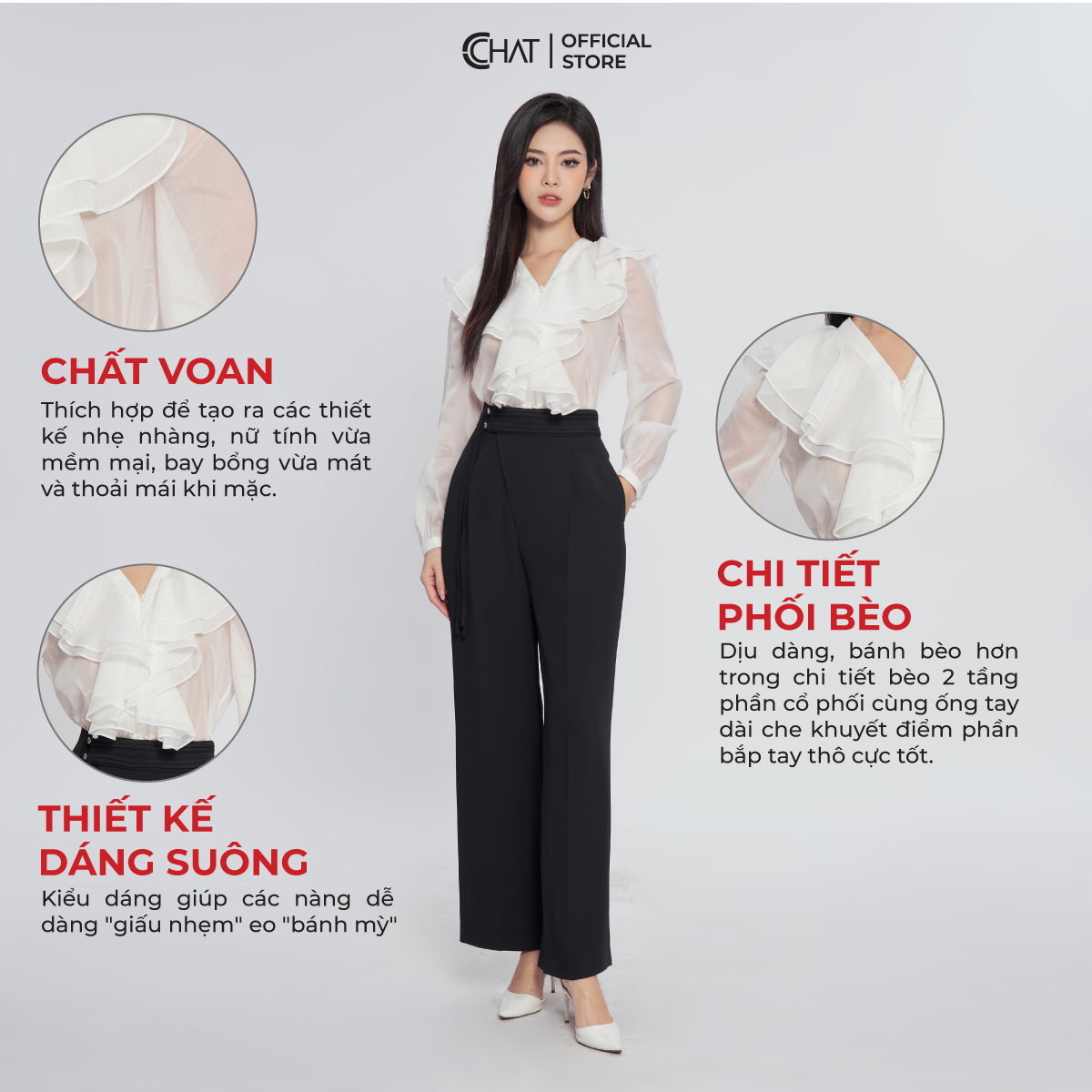 Áo Sơ Mi Nữ  Cổ V Bèo 2 Tầng Rủ Chất Voan Cao Cấp 13FDV2010ST
