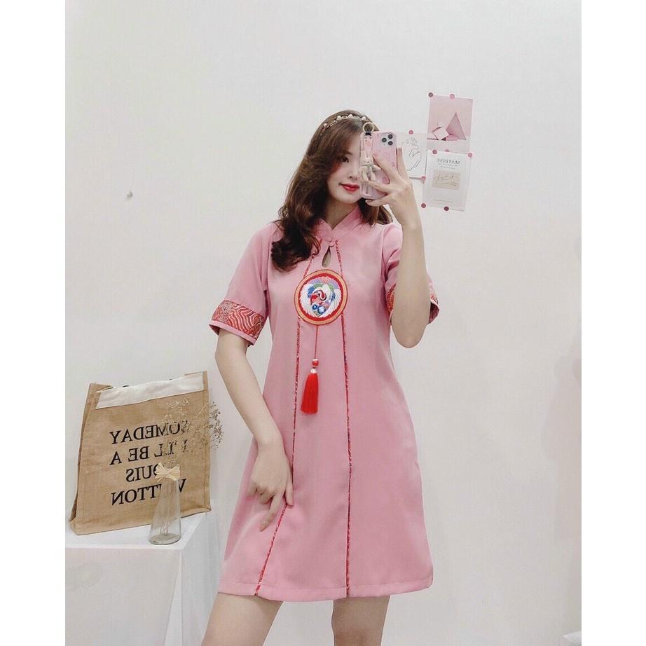 ĐẦM GẤM TẾT ĐỎ TRẮNG PHỐI SỌC-hình thật shop chụp