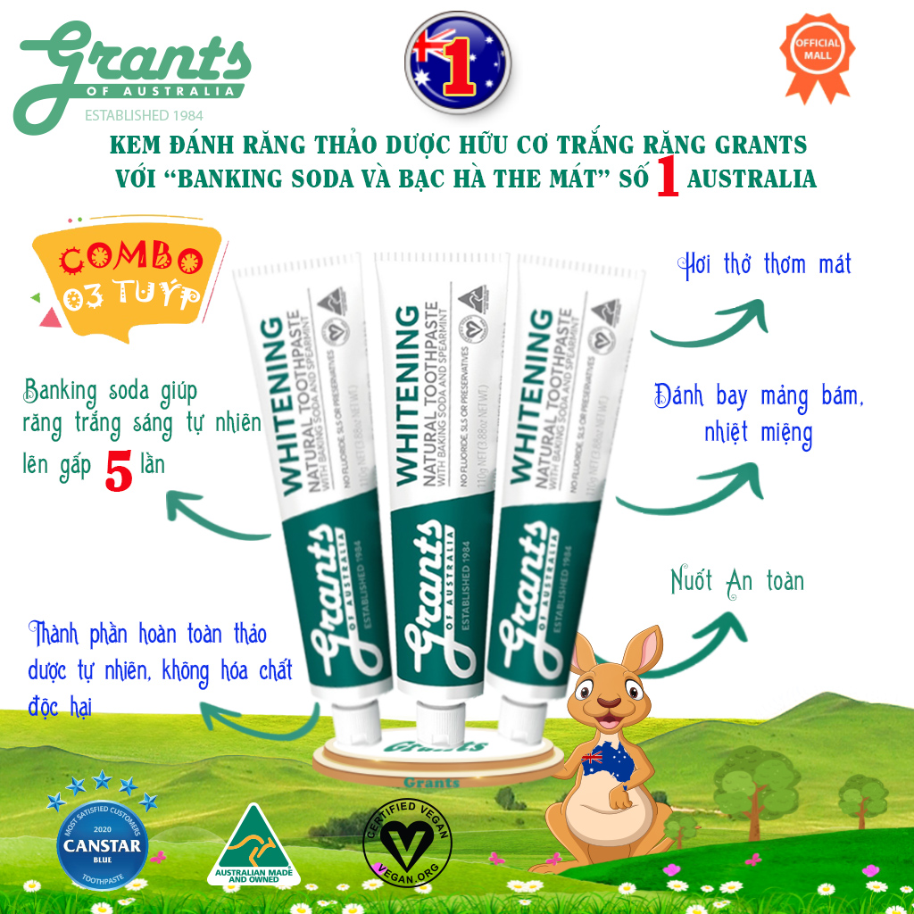 Kem đánh răng thảo dược trắng răng tự nhiên Grants 110g, với banking soda và bạc hà the mát - Bộ 3 tuýp, Với Banking soda và tinh chất bạc hà mạnh giúp làm trắng răng, đánh tan các mảng bám, làm dịu nướu