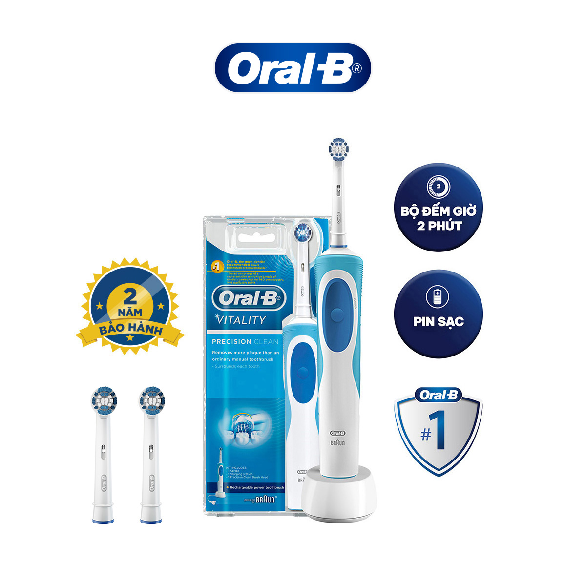 COMBO Bàn chải đánh răng điện Oral-B Vitality Precision Clean D12.513 và 2 Đầu bàn chải Oral-B Precision Clean - Hàng chính hãng