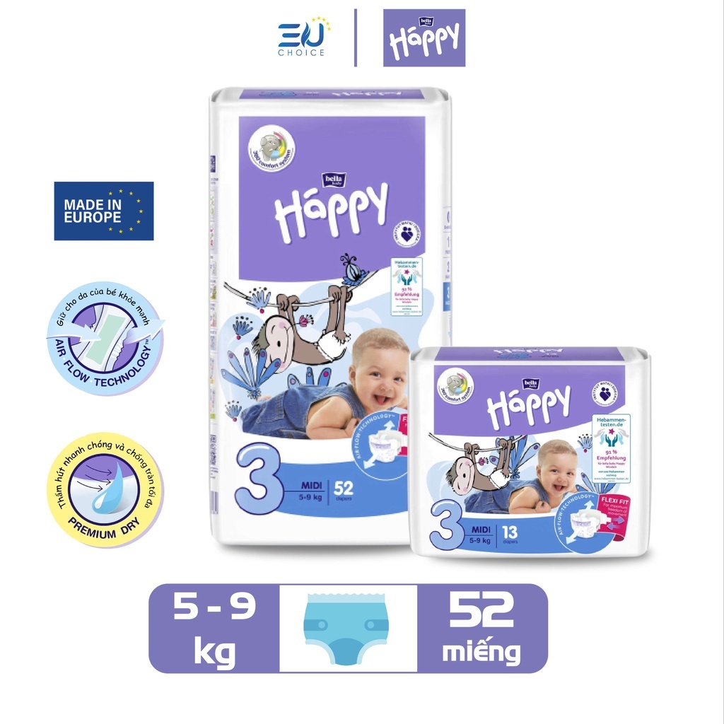 Bỉm T3, tã dán cao cấp BELLA HAPPY nhập khẩu Pháp 52 miếng cho bé 5-9kg thoáng mát, thấm hút, chống tràn