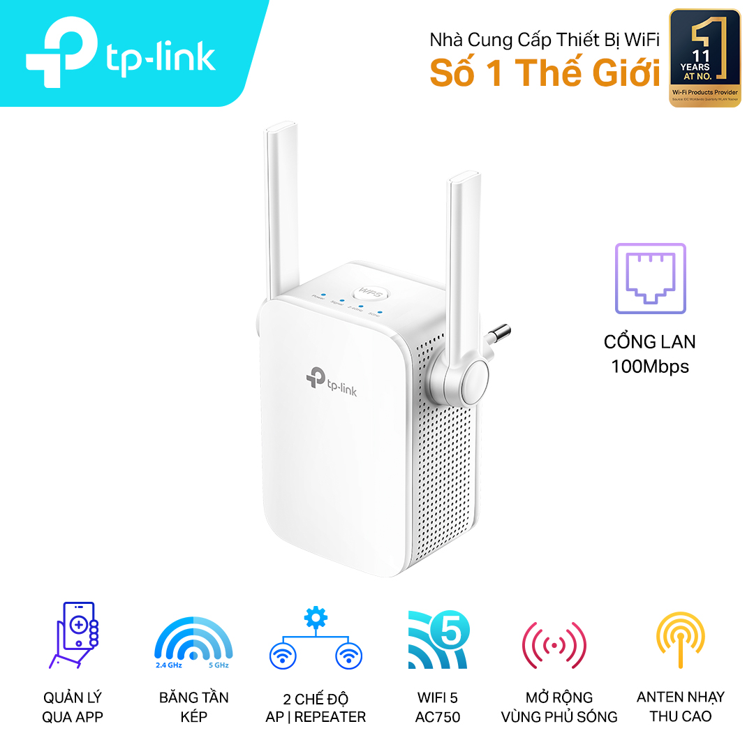 Bộ mở rộng sóng wifi TP-Link RE205 (Chuẩn N/ AC750Mbps/ 2 Ăng-ten ngoài/ 15 User) - Hàng chính hãng FPT phân phối