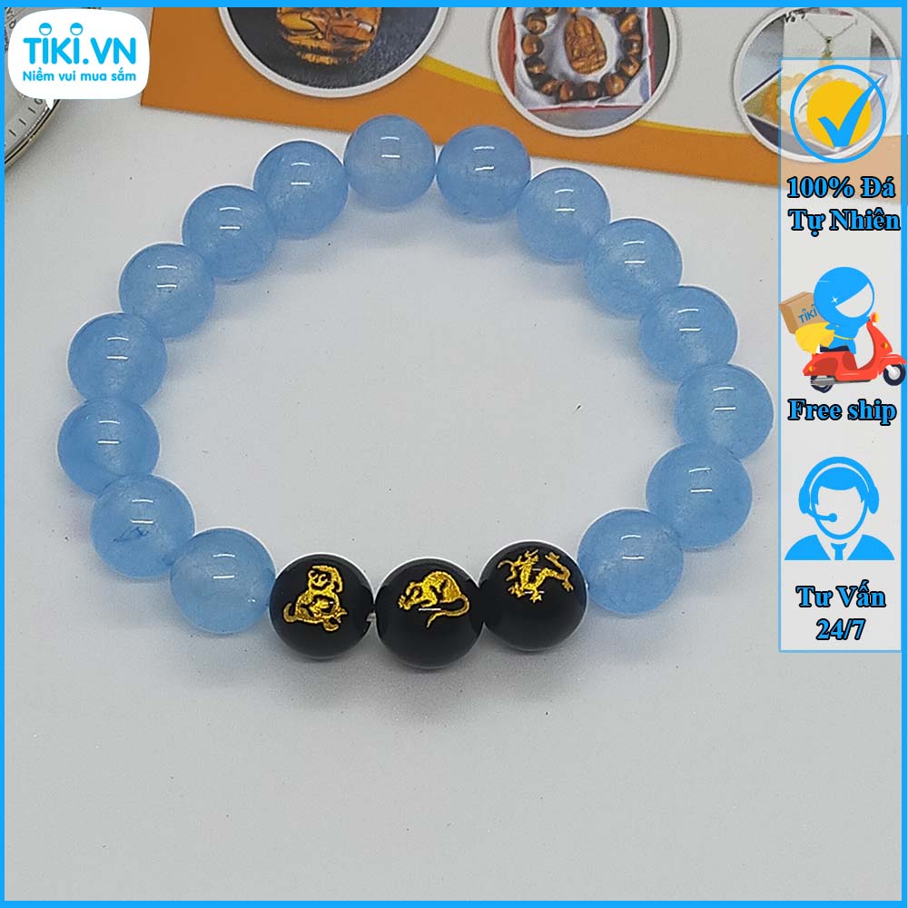 Vòng Đá Tam Hợp Thân Tý Thìn Mã Não Xanh - Vòng Tay Phong Thủy Mệnh Thủy - May Mắn Tài Lộc - Size 8 10ly