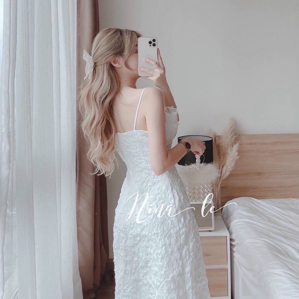 Đầm 2 Dây Xoè Trắng Xốp phối Voan Bèo