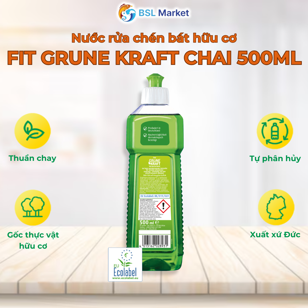 Nước Rửa Chén Sinh Học Fit Kraft Grune Spulmittel, nước rửa chén bát hữu cơ dung tích 500ml 