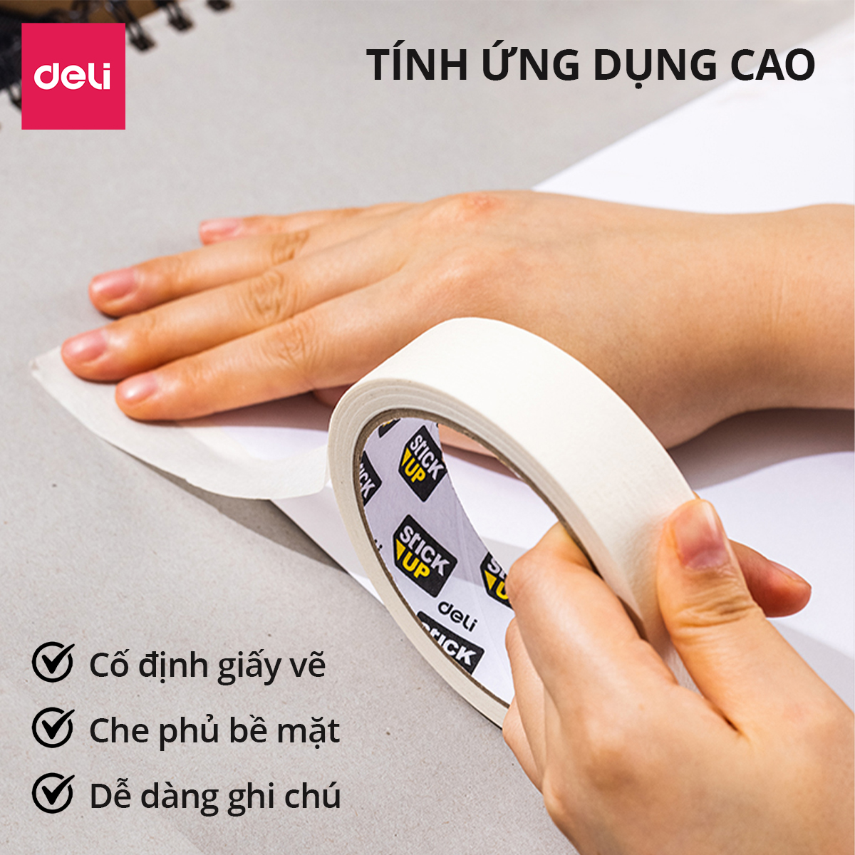 Băng keo che sơn băng dính giấy 24mm*20y Deli - Băng keo giấy masking tape chặn màu, cố định bản vẽ, đánh dấu, ghi chú