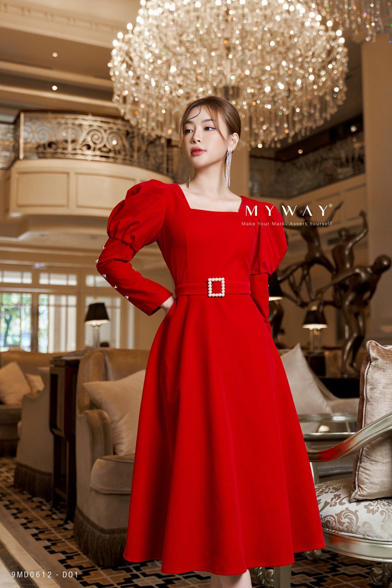 Đầm Nhung Nữ Tay Bồng MY WAY Dự Tiệc Kèm Đai Sang Trọng 9md0612