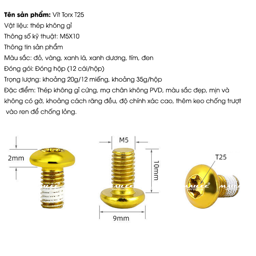 12 cái ốc vít đĩa phanh T-25 M5x10mm trang trí màu sắc (12 Cái/ bộ) bằng thép không gỉ dành cho xe đạp núi MTB phụ kiện xe đạp- Mai Lee
