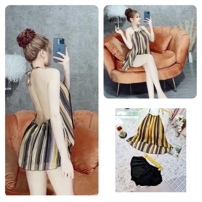 Đồ Bộ Ngủ Lụa 2 Dây Nữ, Bộ Ngủ Sexy Nữ áo voan tơ cổ yếm + quần satin, freesize 40_57kg, tuỳ chiều cao - 7