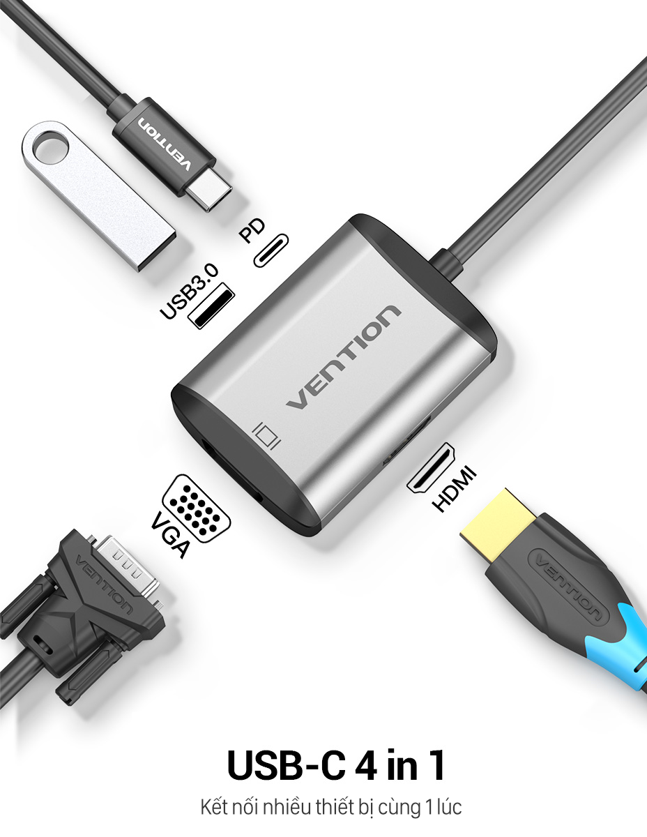 Hub Type-C to HDMI VGA Cáp chuyển đổi USB Type C to HDMI + VGA + USB 3.0 + PD Vention - Hàng chính hãng