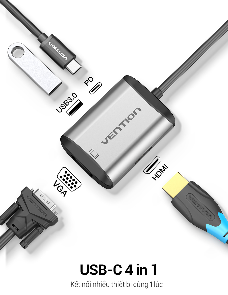 Hub Type-C to HDMI VGA (4 in 1) Cáp chuyển đổi USB Type C to HDMI + VGA + USB 3.0 + PD (87W) Vention - Hàng chính hãng