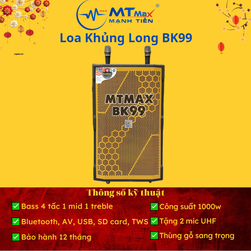 Loa kéo di động MTMax BK99 - Dàn karaoke ngoài trời bass 4 tấc 1 mid 1 treble - Loa khủng long công suất theo nhà sản xuất đến 1000W - Kèm 2 micro không dây UHF - Đầy đủ kết nối Bluetooth, AV, USB, SD card, TWS - hàng chính hãng