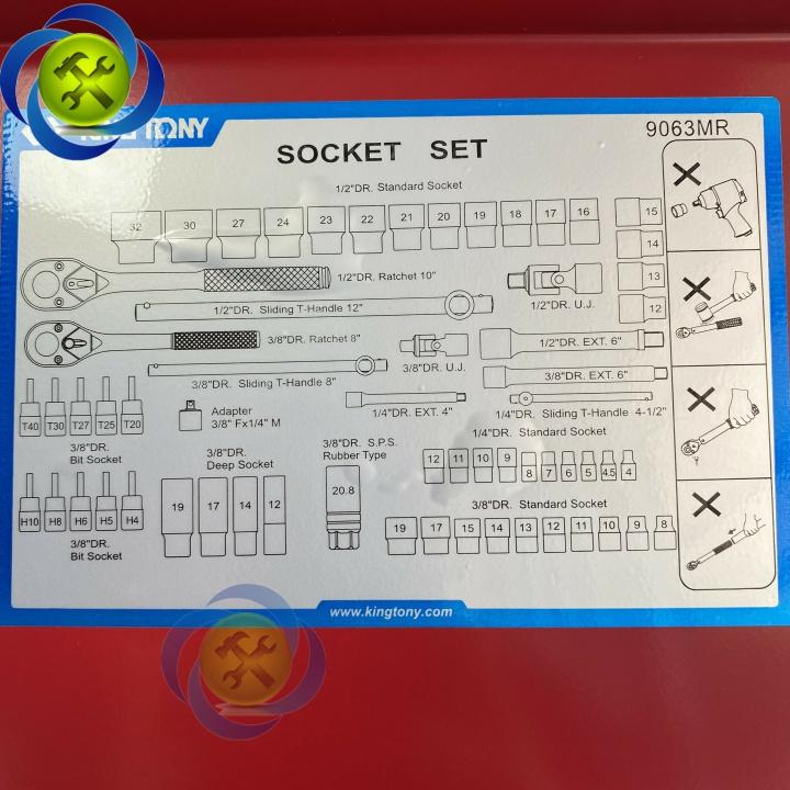 Bộ tuýp Kingtony 9063MR 62 chi tiết hệ mét 1/4 + 3/8 +1/2
