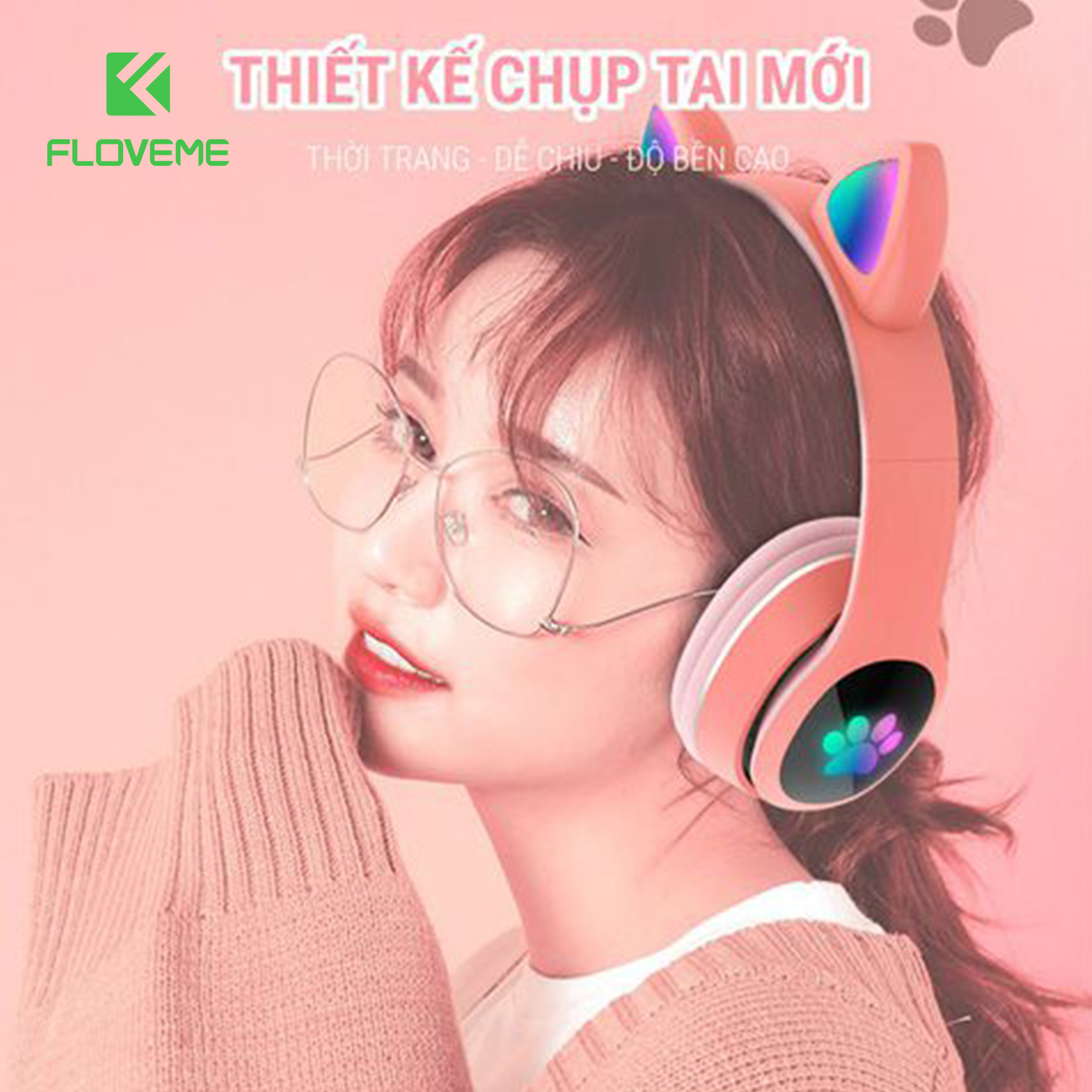 Tai nghe mèo FLOVEME VZV 23M – Có đèn led – Kết nối bluetooth 5.0 - headphone có micro – hỗ trợ điều chỉnh âm lượng – Có cổng AUX - Hàng chính hãng