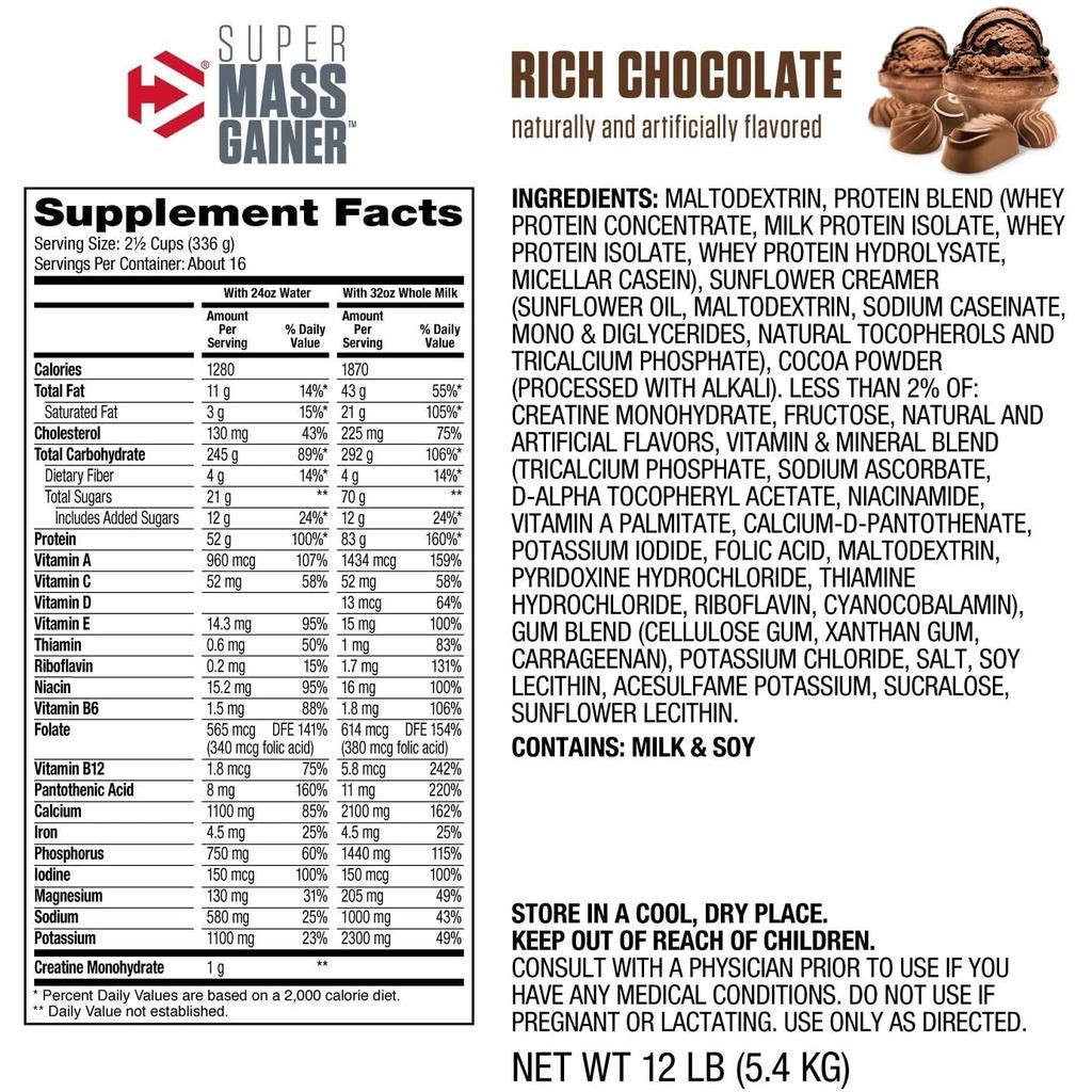 Dymatize Super Mass Sữa Tăng cân Nhanh Cho Người Gầy 12 Lbs (5.4 kg) - Usa