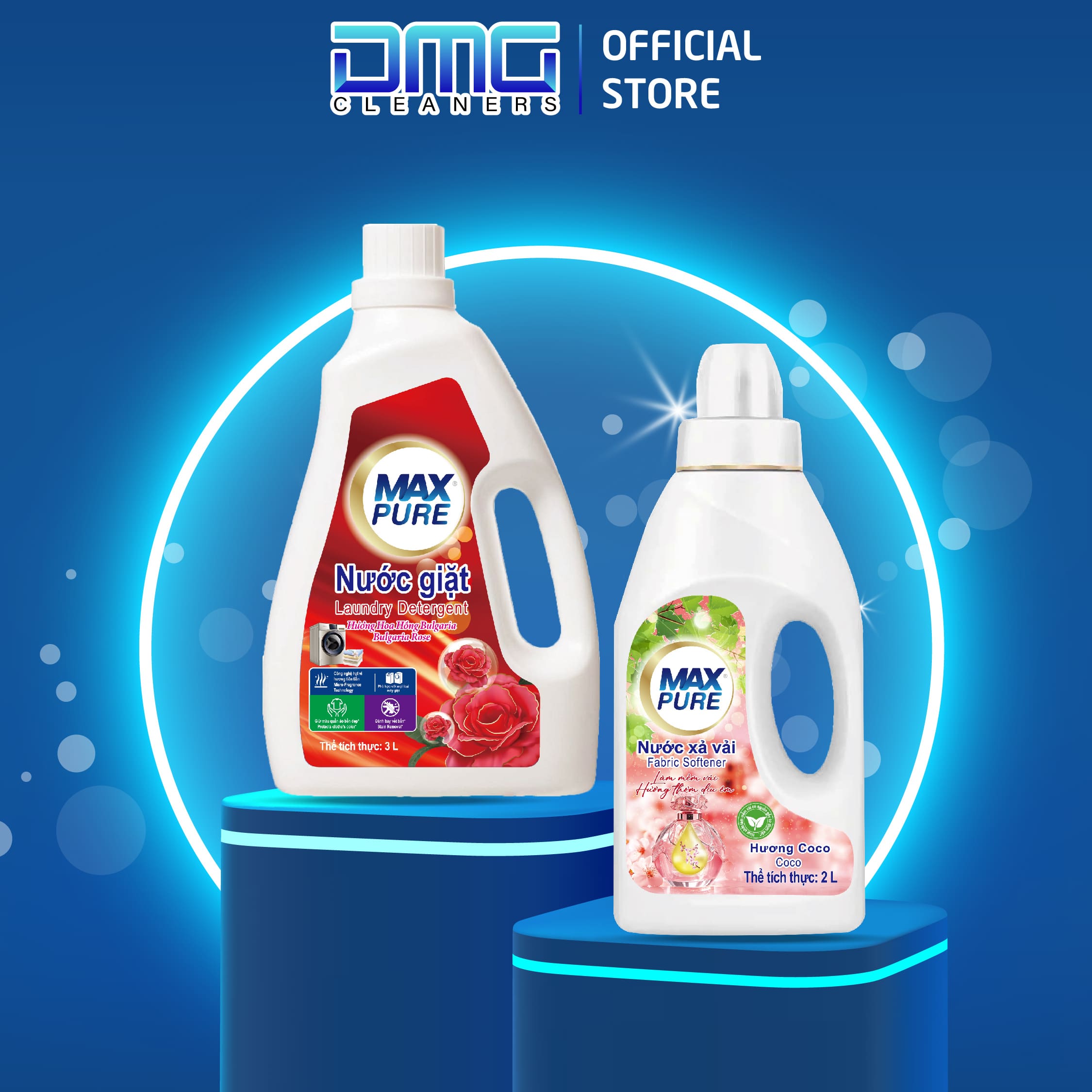 Combo Chai Nước Giặt Maxpure Hương Hoa Hồng Bulgaria 3L + Chai Nước Xả Vải Maxpure Hương Coco 2L