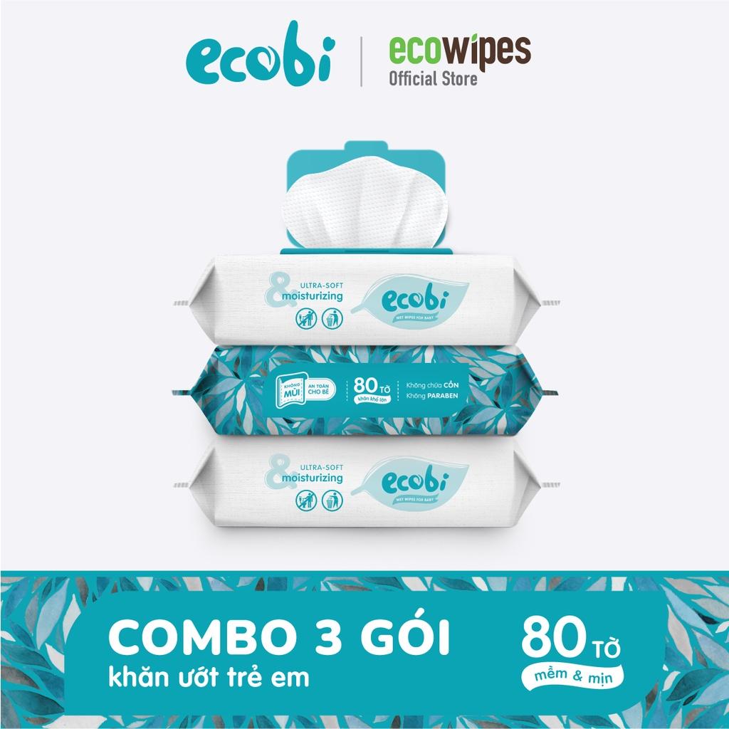 Combo 3 gói khăn ướt cho bé Ecobi 80 tờ không mùi không cồn không paraben an toàn cho trẻ sơ sinh