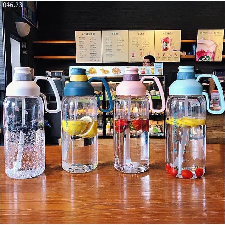 Bình Nước, Bình Đựng Nước Tập Gym, Detox 1800ml Nhựa TRITAN Cao Cấp Có Ống Hút