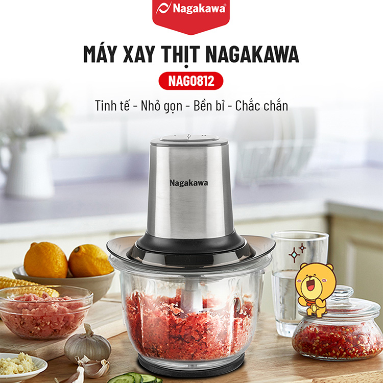 Máy xay thịt 2 lưỡi dao kép cối thủy tinh Nagakawa NAG0812 - Hàng Chính Hãng