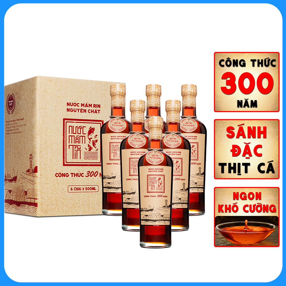 Thùng 6 chai nước Mắm Tĩn nhãn đỏ độ đạm 40N tự nhiên chai 500ml nước mắm rin nguyên chất truyền thống sạch từ cá cơm than muối tinh khiết sánh đặc thịt cá không chất bảo quản