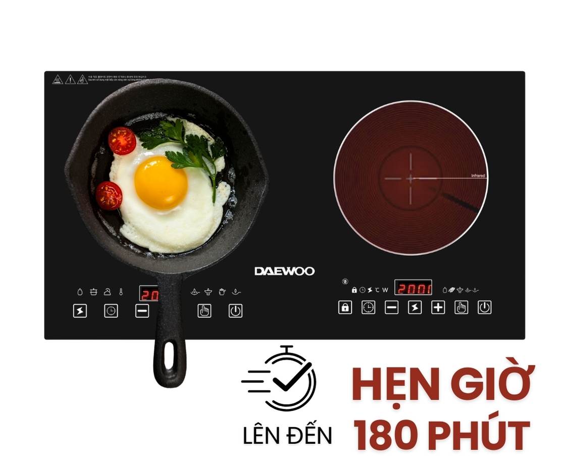Bếp Đôi Điện Từ Hồng Ngoại Daewoo DWHB-3801C, mặt kính pha lê bóng 3800W, phù hợp mọi loại nồi - Hàng chính hãng